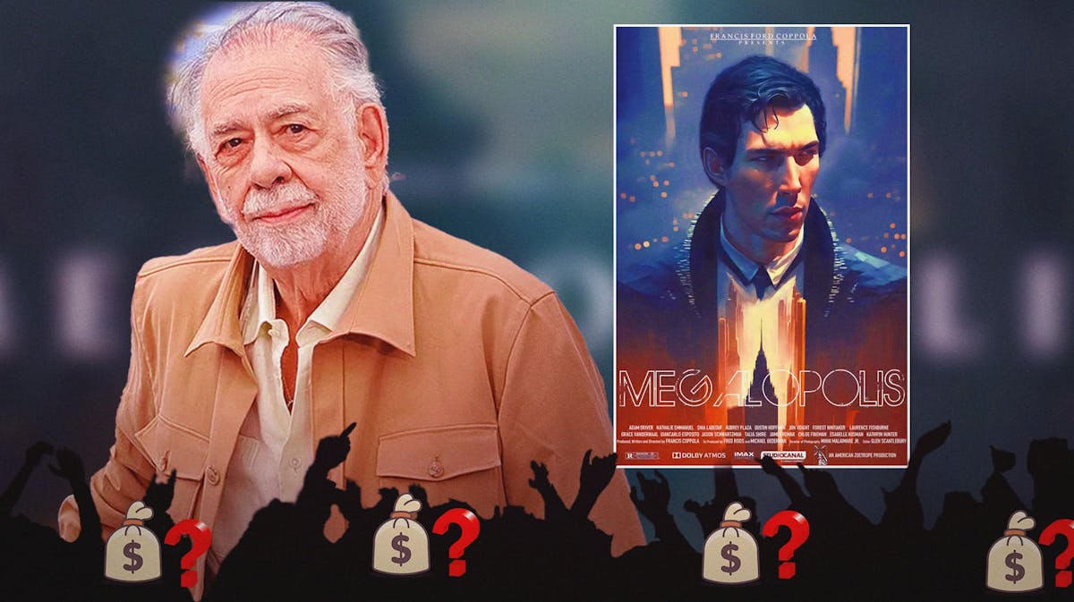 Francis Ford Coppola, Megalopolis poster, silhouette of crowd, money bag and question mark emojis