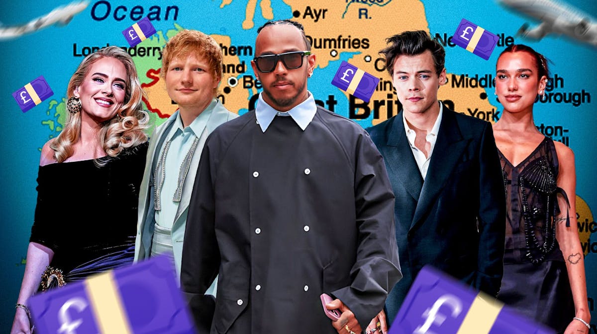 From L-R: Adele, Ed Sheeran, Lewis Hamilton, Harry Styles and Dua Lupa; pound sterling notes all over; Background: UK map