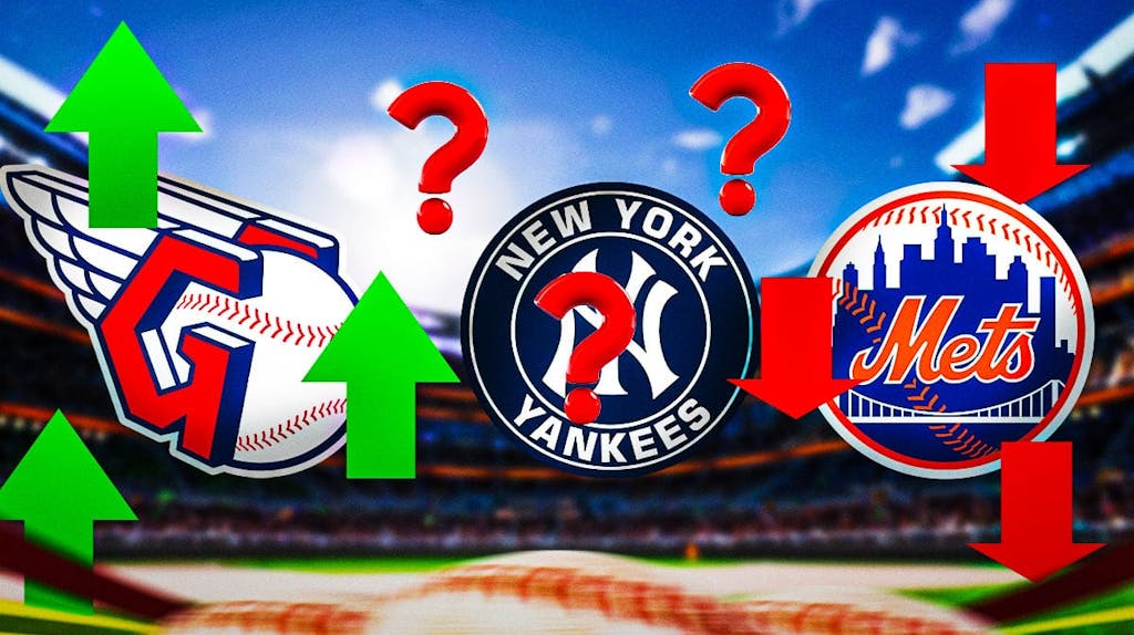 2024 mlb power rankings with Cleveland Guardians logo on the left with a green up arrow over it, New York Yankees logo in the middle with a question mark over it, and New York Mets logo with a red down arrow over it.